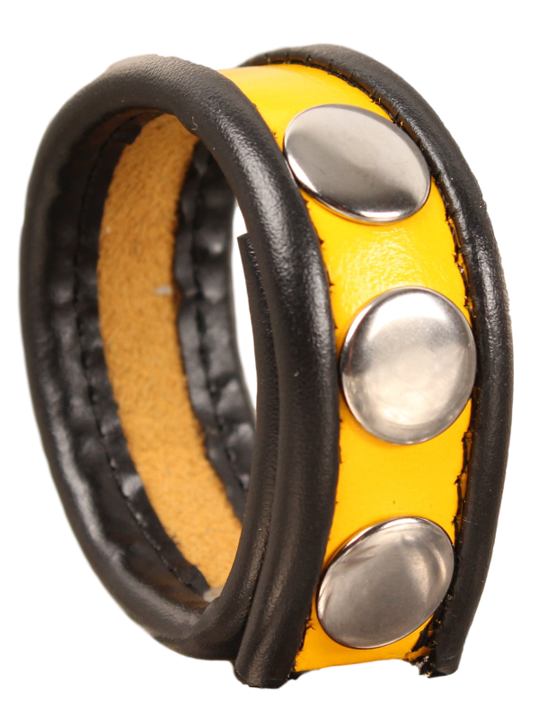 Cockring en cuir - Noir/Jaune- 3 pressions