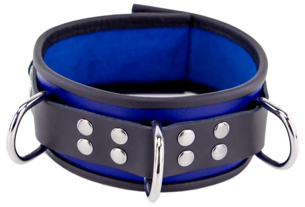 Collier en cuir - 3 anneaux D - Bleu/Noir