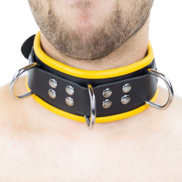 Collier en cuir - 3 anneaux D - Noir/ Jaune – Image 2