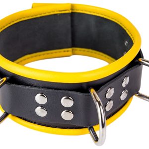 Collier en cuir - 3 anneaux D - Noir/ Jaune