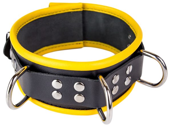 Collier en cuir - 3 anneaux D - Noir/ Jaune