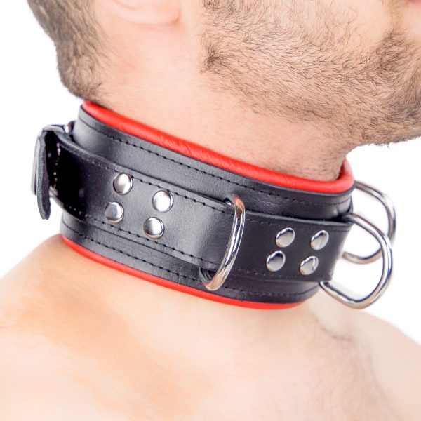 Collier en cuir rembourré avec 3 anneaux D Rouge – Image 2