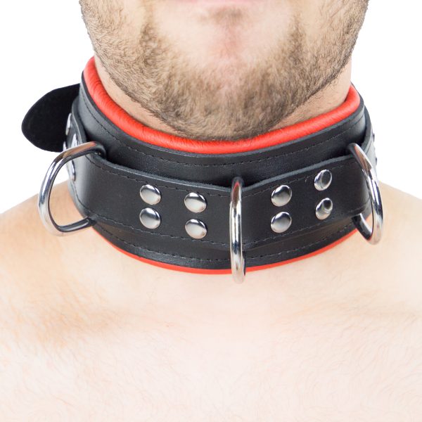 Collier en cuir rembourré avec 3 anneaux D Rouge – Image 7