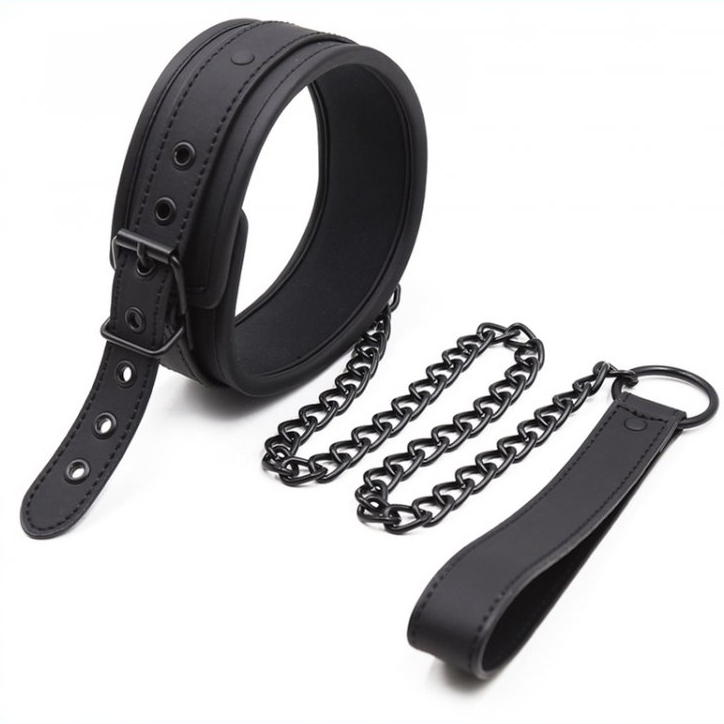 ❤ Colliers BDSM - Collier de soumission Cuir noir avec sa laisse