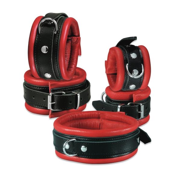 Menottes de poignet Cuir Noir-Rouge – Image 3