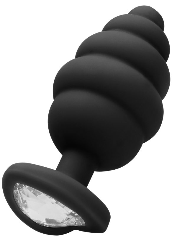 Plug Bijou Silicone Ribbed Heart L Noir - 7 x 3.5 cm