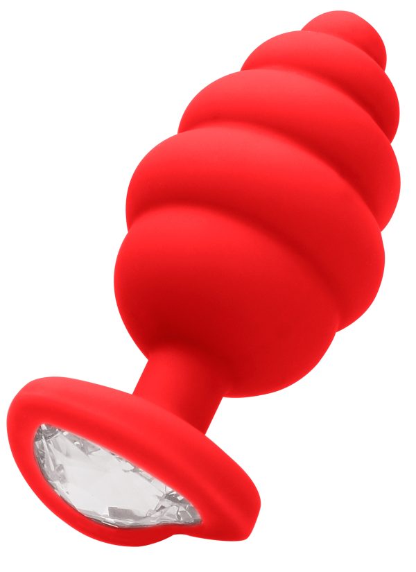 Plug Bijou Silicone Ribbed Heart L Rouge - 7 x 3.5 cm