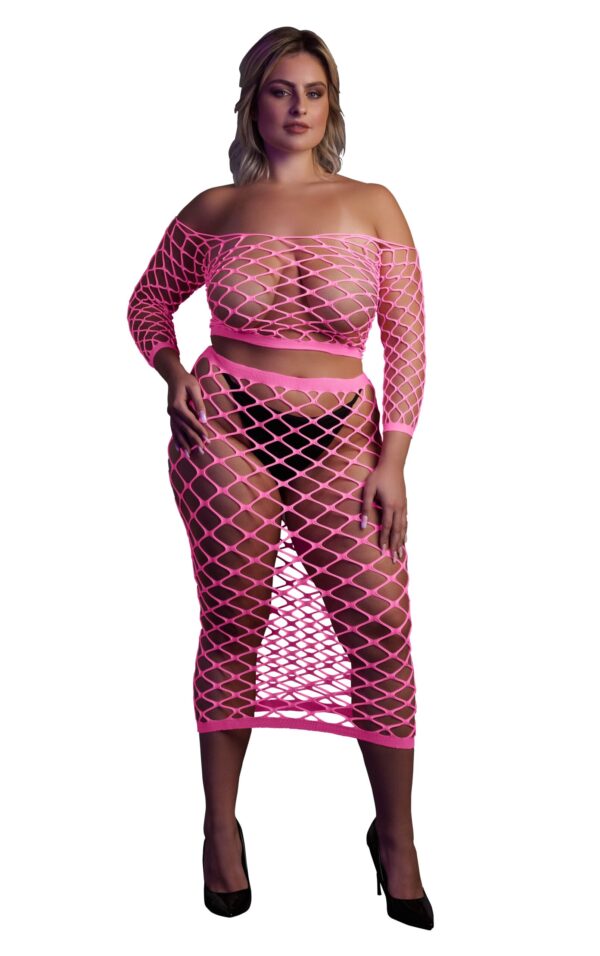 Bustier et Robe Filet Épaules dénudées Rose Fluo – Image 3
