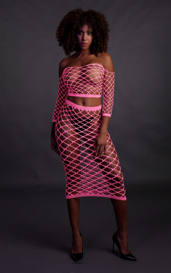 Bustier et Robe Filet Épaules dénudées Rose Fluo – Image 7