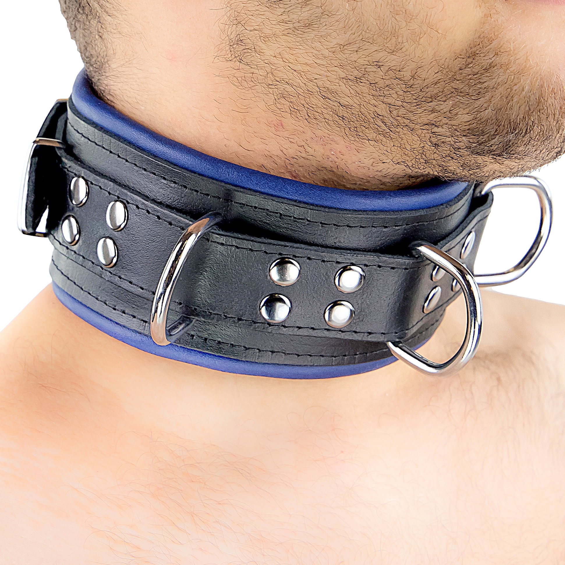 Collier rembourré en cuir 3 Anneaux D Bleu – Image 2