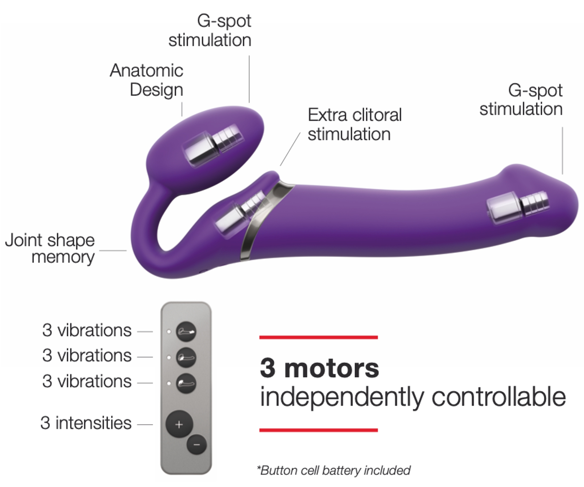 Gode vibrant STRAP-ON 3 Moteurs XL 16 x 4.5 cm Violet – Image 3